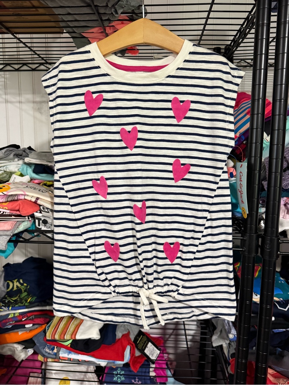 Cat & Jack Girls  Size S 6 6X Navy Cream Striped Shirt with Pink Hearts New NWT